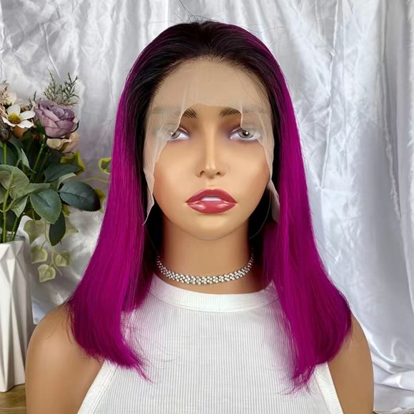 Ombré 13x4 Lace Frontal Remy Human Hair Bob Wig in Pink - Picture 1 of 6